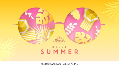 Corta la silueta de gafas de sol redondeadas de papel con paraguas de playa y hojas tropicales. Ilustración vectorial.