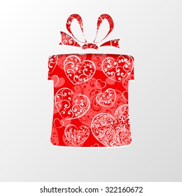Cut out the paper in shape gift box, filled background with hearts