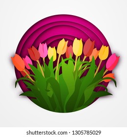 Cut out of paper spring greeting card. Origami. Multicolored tulips on a red, lilac background with shadows.