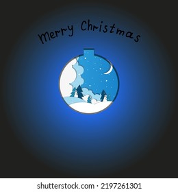 Cut out paper style christmas greeting card with 3d christmas ball with winter landscape picture, inscription Merry Christmas and copy space. Blue fashion New Year background. Xmas concept.   