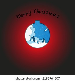 Cut out paper style christmas greeting card with 3d christmas ball with winter landscape picture, inscription Merry Christmas and copy space. Red fashion New Year background. Xmas concept.   
