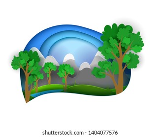 Cut out of paper style, forest in the mountains by the river. paper trees, and mountains. Stock Vector Illustration