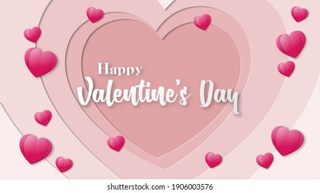 Cut out paper style vector design with valentine day theme on pink gradient background. Vector design for website banner, greeting card, flyer or poster. Heart shaped cut out paper style vector