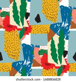 Cut out pattern abstract collage. Seamless abstraction with floral motifs. Colorful bright vector pattern. Hand-drawn vector background. Trendy abstract seamless pattern. 