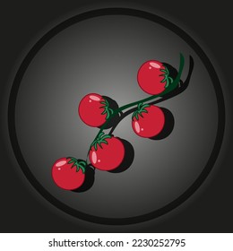 Corta la foto con tomate de cereza. Tomate rojo con cola verde sobre fondo negro estilo. Tarjeta de comida.