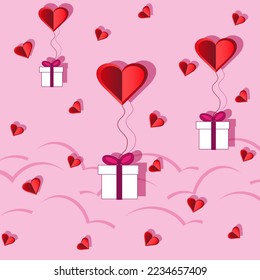 Cut out picture with red 3d heart, gift box on ribbon and viva magenta clouds on pink background. Valentine day concept. Marketing material, sale banner.