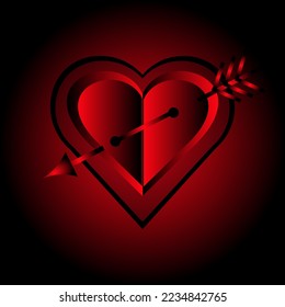 Cut out picture with red 3d heart on style background with arrow. Valentine day concept. Passion hear