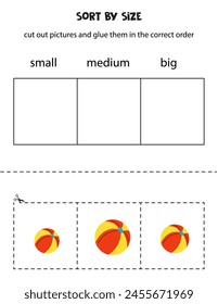 Recorta las imágenes de las bolas y ordénalas por tamaño. Pequeño, Mediano o grande. Hoja de trabajo educativa.