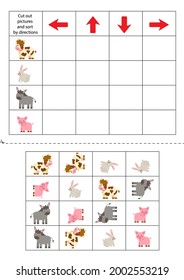 Cut out pictures below and sort them out by directions. Educational game for kids.