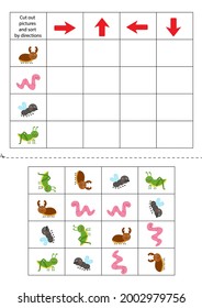Cut out pictures below and sort them out by directions. Educational game for kids.