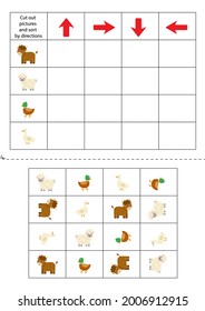 Corta las imágenes de abajo y las ordena por direcciones. Juego educativo para los niños.