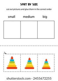 Cut out pictures of pyramids and sort them by size. Small, medium or big. Educational worksheet.