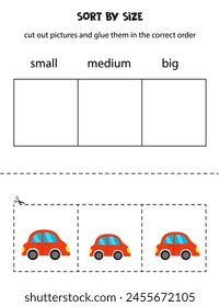 Cut out pictures of red cards and sort them by size. Small, medium or big. Educational worksheet.