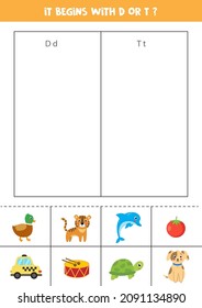 Cut out pictures and sort into columns. Letter recognition. D or T.