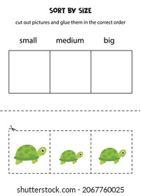 Cut out pictures and sort them by size. Small, medium or big. Educational worksheet.