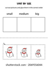 Cut out pictures and sort them by size. Small, medium or big. Educational worksheet.