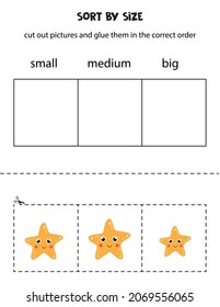 Cut out pictures and sort them by size. Small, medium or big. Educational worksheet.