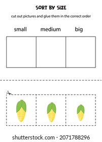 Cut out pictures and sort them by size. Small, medium or big. Educational worksheet.