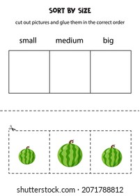 Cut out pictures and sort them by size. Small, medium or big. Educational worksheet.