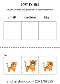 Cut out pictures and sort them by size. Small, medium or big. Educational worksheet.