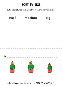 Cut out pictures and sort them by size. Small, medium or big. Educational worksheet.