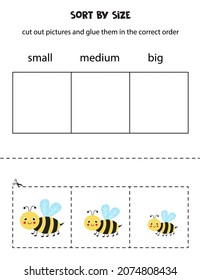 Cut out pictures and sort them by size. Small, medium or big. Educational worksheet.