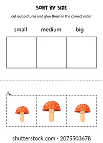 Cut out pictures and sort them by size. Small, medium or big. Educational worksheet.
