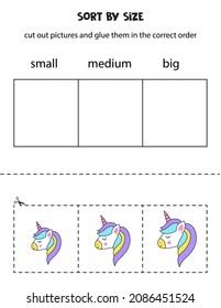 Cut out pictures and sort them by size. Small, medium or big. Educational worksheet.