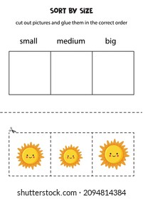 Cut out pictures and sort them by size. Small, medium or big. Educational worksheet.