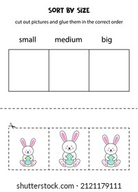 Cut out pictures and sort them by size. Small, medium or big. Educational worksheet.