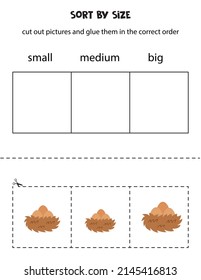 Cut out pictures and sort them by size. Small, medium or big. Educational worksheet.
