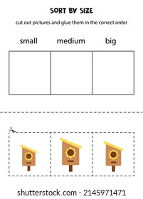 Cut out pictures and sort them by size. Small, medium or big. Educational worksheet.