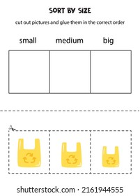 Cut out pictures and sort them by size. Small, medium or big. Educational worksheet.