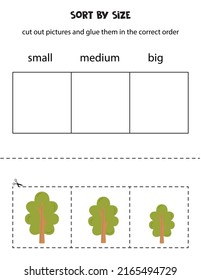 Cut out pictures and sort them by size. Small, medium or big. Educational worksheet.