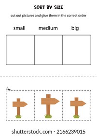 Cut out pictures and sort them by size. Small, medium or big. Educational worksheet.