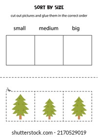 Cut out pictures and sort them by size. Small, medium or big. Educational worksheet.