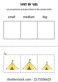 Cut out pictures and sort them by size. Small, medium or big. Educational worksheet.