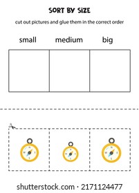 Cut out pictures and sort them by size. Small, medium or big. Educational worksheet.