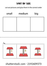 Cut Out Pictures And Sort Them By Size. Small, Medium Or Big. Educational Worksheet.