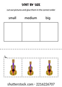 Cut out pictures and sort them by size. Small, medium or big. Educational worksheet.