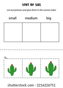 Cut out pictures and sort them by size. Small, medium or big. Educational worksheet.
