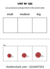 Cut out pictures and sort them by size. Small, medium or big. Educational worksheet.