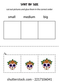 Cut out pictures and sort them by size. Small, medium or big. Educational worksheet.