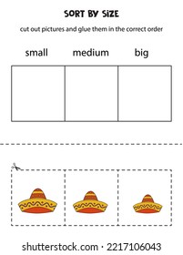 Cut out pictures and sort them by size. Small, medium or big. Educational worksheet.