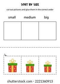 Cut out pictures and sort them by size. Small, medium or big. Educational worksheet.