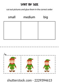 Cut out pictures and sort them by size. Small, medium or big. Educational worksheet.