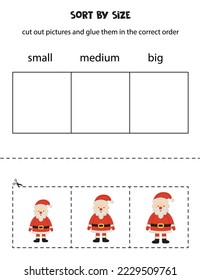 Cut out pictures and sort them by size. Small, medium or big. Educational worksheet.
