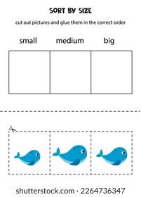 Cut out pictures and sort them by size. Small, medium or big. Educational worksheet.