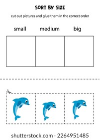 Cut out pictures and sort them by size. Small, medium or big. Educational worksheet.