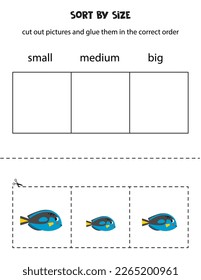 Cut out pictures and sort them by size. Small, medium or big. Educational worksheet.